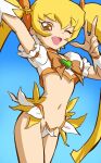  1girl blonde_hair bow c-string choker cure_sunshine hair_ribbon heartcatch_precure! long_hair looking_at_viewer magical_girl nadeara_bukichi navel one_eye_closed open_mouth orange_bow orange_choker precure ribbon smile solo strapless_bottom twintails yellow_bow yellow_eyes 