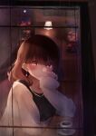  1girl bangs black_shirt blush brown_hair city commentary_request earrings eyebrows_visible_through_hair highres indoors jewelry looking_at_viewer looking_out_window mole mole_under_eye necklace original purple_eyes shirt solo sweater tsukiyono white_sweater window 