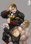  2boys :q ass bara beard black_bodysuit blonde_hair blush bodysuit bulge completely_nude covered_abs covered_navel covered_nipples crotch_grab cum cum_in_clothes cum_through_clothes erection erection_under_clothes facial_hair flaming_halo gigan_(uramakigigan) goatee hand_on_own_head highres hip_vent jacob_(tokyo_houkago_summoners) large_pectorals long_sideburns male_focus male_pubic_hair mature_male multiple_boys muscular muscular_male nude pectorals penis_peek pubic_hair scar scar_on_face scar_on_nose short_hair sideburns stomach stubble thick_thighs thighs tokyo_houkago_summoners tongue tongue_out yaoi zabaniya_(tokyo_houkago_summoners) 