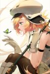  1girl ankoru artoria_pendragon_(all) artoria_pendragon_(caster)_(fate) blonde_hair boots bug butterfly fate/grand_order fate_(series) gloves green_eyes hat insect long_hair pantyhose sitting staff white_gloves 