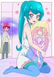  2girls aqua_eyes aqua_hair blue_legwear blush cure_star dakimakura_(object) dress grey_pants hagoromo_lala heart hoshina_hikaru jewelry juugoya_neko long_hair multiple_girls necklace open_mouth pants pantyhose pillow pink_sweater pointy_ears precure red_hair shiny shiny_hair short_dress short_hair sleeveless sleeveless_dress star-shaped_pupils star_(symbol) star_necklace star_twinkle_precure sweater symbol-shaped_pupils turtleneck turtleneck_sweater twintails very_long_hair white_dress 