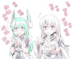 2girls bodysuit borrowed_character breasts character_request eating fingerless_gloves food gloves green_hair headgear large_breasts long_hair meat menou_kaname multiple_girls noodles original simple_background skin_tight teeth tukiwani white_background 
