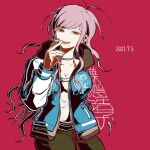  1girl :d antenna_hair bangs blue_jacket breasts cigarette cleavage collarbone commentary_request cowboy_shot danganronpa_(series) danganronpa_another_episode:_ultra_despair_girls dated hagakure_hiroko half-closed_eyes hand_up jacket kiri_(2htkz) large_breasts long_hair long_sleeves looking_at_viewer messy_hair mole mole_under_mouth open_mouth pants red_background red_eyes smile solo upper_teeth 