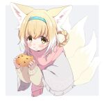  1919_decoy 1girl :t alternate_eye_color animal_ears arknights blonde_hair blue_hairband blush braid chocolate_chip_cookie cookie eating eyebrows_visible_through_hair food food_on_face fox_ears fox_girl fox_tail grey_background hairband highres holding holding_cookie holding_food kitsune looking_at_viewer multicolored_hair multiple_tails pink_scarf poncho scarf simple_background solo streaked_hair suzuran_(arknights) sweater tail upper_body white_hair yellow_eyes yellow_sweater 