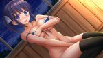  1girl @_@ bangs bare_arms bare_shoulders bikini bikini_top black_hair black_legwear blue_bikini blue_eyes blue_ribbon blush breasts cleavage collarbone commentary covering covering_crotch dutch_angle eyebrows_visible_through_hair front-tie_bikini front-tie_top hair_ribbon highres indoors kanojo_mo_kanojo kazenokaze large_breasts looking_at_viewer minase_nagisa navel night nose_blush open_mouth ribbon sitting solo swimsuit thighhighs twintails wariza wavy_mouth window 
