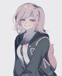  1girl backpack bag bangs black_jacket black_shirt blush cowboy_shot danganronpa_(series) danganronpa_2:_goodbye_despair dress_shirt eyebrows_visible_through_hair grin hair_ornament hairclip highres jacket long_sleeves looking_at_viewer medium_hair nanami_chiaki neck_ribbon open_clothes open_jacket pink_eyes pink_hair pink_ribbon ribbon shi_xu_jiu_zhou shiny shiny_hair shirt shirt_tucked_in simple_background smile solo spaceship_hair_ornament teeth two-tone_shirt upper_body white_shirt 