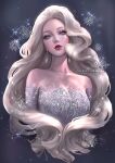  artist_name blue_eyes breasts crystal disney dress earrings elsa_(frozen) evening_gown eyeshadow formal frozen_(disney) frozen_ii_(disney) glitter gown grey_background head_tilt highres jewelry long_hair makeup medium_breasts parted_lips pink_eyeshadow pink_lips platinum_blonde_hair realistic sequins serafleur silver_dress snowflakes sparkle sparkle_background strapless strapless_dress very_long_hair wavy_hair 