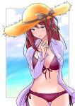  1girl :o absurdres arm_behind_back bikini blurry blurry_background blush breasts breasts_apart collarbone cowboy_shot finger_to_cheek groin hand_up hat highres idolmaster idolmaster_cinderella_girls large_breasts light_smile long_sleeves looking_at_viewer midriff mifune_miyu motodouryou navel ocean open_clothes open_shirt outside_border panties red_hair ribbon-trimmed_bikini shirt side-tie_panties solo straw_hat swimsuit thigh_gap thighhighs underwear white_shirt 