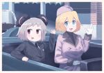  2girls alice_margatroid animal_ears black_jacket black_neckwear blonde_hair blue_eyes blush border car commentary_request convertible cookie_(touhou) cosplay crossdressing feet_out_of_frame film_grain formal fuka_(kantoku) gloves ground_vehicle hair_between_eyes hat highres jacket jacqueline_kennedy_onassis jacqueline_kennedy_onassis_(cosplay) john_f._kennedy john_f._kennedy_(cosplay) kofji_(cookie) long_sleeves looking_at_viewer looking_to_the_side motor_vehicle mouse_ears multiple_girls nazrin necktie open_mouth parody pink_coat pink_headwear pinstripe_pattern pinstripe_suit pocket_square real_life red_eyes shirt short_hair sitting smile striped suit suit_jacket touhou waving web_(cookie) white_border white_gloves white_shirt 
