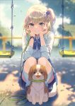  1girl bangs blonde_hair blue_neckwear blue_skirt blurry blurry_background blush bow bowtie bracelet brown_footwear collar collared_shirt commentary_request cover cover_page dog jewelry leash long_hair long_sleeves looking_at_viewer novel_cover novel_illustration official_art one_side_up original outdoors reia shirt skirt smile squatting swing white_legwear white_shirt 