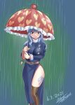  1girl 2021 belt belt_buckle black_eyes blue_dress blue_hair breasts brown_belt brown_legwear buckle character_doll closed_mouth dated dress fairy_tail fur-trimmed_sleeves fur_trim gray_fullbuster hair_between_eyes heart heart_print highres holding holding_umbrella juvia_lockser large_breasts long_hair long_sleeves looking_at_viewer mashima_hiro official_art print_umbrella rain red_umbrella shiny shiny_clothes shiny_legwear side_slit signature smile solo thigh_tattoo thighhighs turtleneck_dress umbrella 