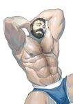  1boy abs armpits arms_behind_head bara beard blue_male_underwear boxers bulge chest_hair facial_hair feet_out_of_frame hairy highres large_pectorals male_focus male_underwear mature_male muscular muscular_male mustache navel navel_hair nesskain nipples original pectorals short_hair solo spread_legs stomach thick_thighs thighs underwear white_background 