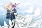  1girl blonde_hair blue_jacket blue_sky braid closed_eyes cloud crown_braid hair_intakes hands_clasped inaba_shiki jacket kyoto_animation mechanical_arms mechanical_hands own_hands_together prosthesis prosthetic_arm prosthetic_hand red_ribbon ribbon sky solo violet_evergarden violet_evergarden_(character) white_neckwear 