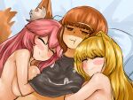  3girls :t absurdres ahoge animal_ear_fluff animal_ears bed blonde_hair blush_stickers breast_press breasts brown_eyes brown_hair cuddling english_commentary eyebrows_visible_through_hair fate/extra fate/grand_order fate_(series) fox_ears fox_girl fox_tail hair_intakes hand_under_clothes hand_under_shirt highres kishinami_hakuno_(female) large_breasts long_hair multiple_girls nero_claudius_(fate) nero_claudius_(fate)_(all) nude oekaki pillow pink_hair shirt smile steamingtofu t-shirt tail tamamo_(fate)_(all) tamamo_no_mae_(fate) yuri 