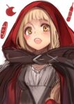  1girl :d apple bangs blonde_hair bread cape dress food fruit hair_between_eyes little_red_riding_hood_(sinoalice) long_hair looking_at_viewer open_mouth red_cape red_dress simple_background sinoalice smile solo teroru white_background yellow_eyes 