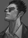  1boy business_suit closed_mouth collared_shirt cutiicosmo formal grey_background greyscale head_tilt hunter_x_hunter jacket leorio_paladiknight looking_to_the_side monochrome round_eyewear shirt short_hair sideburns spiked_hair suit 