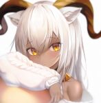  1girl :t absurdres animal_ear_fluff animal_ears aoinu_(aoinu_99) arknights bangs bare_shoulders beeswax_(arknights) beeswax_(weisser_sand)_(arknights) blush brown_eyes closed_mouth commentary_request dark-skinned_female dark_skin eyebrows_visible_through_hair goat_ears goat_girl goat_horns hair_between_eyes hand_up highres horns huge_filesize jacket long_hair long_sleeves looking_at_viewer off_shoulder official_alternate_costume puffy_long_sleeves puffy_sleeves simple_background solo upper_body white_background white_hair white_jacket 