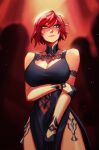  1girl bangs blush breasts cleavage cleavage_cutout clothing_cutout dress final_fantasy final_fantasy_xiv full-face_blush gloves heterochromia highres hyur large_breasts looking_to_the_side qt0ri red_hair scar scar_across_eye short_hair side_slit silhouette sleeveless solo_focus 