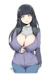  1girl black_hair blue_pants blush breasts cleavage cleavage_reach commentary denim grey_eyes hime_cut huge_breasts hyuuga_hinata jacket jeans looking_at_viewer naruto_(series) naruto_shippuuden pants partially_unzipped purple_jacket relaxjon signature solo 