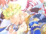  7_hachi_9 black_gloves blonde_hair blue_gloves djeeta_(granblue_fantasy) flower flower_necklace gauntlets gloves gran_(granblue_fantasy) granblue_fantasy head_wreath jewelry lancelot_(granblue_fantasy) lyria_(granblue_fantasy) necklace percival_(granblue_fantasy) red_gloves siegfried_(granblue_fantasy) smile vane_(granblue_fantasy) vee_(granblue_fantasy) white_gloves wrist_cuffs 