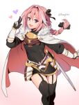  1boy astolfo_(fate) black_bow black_legwear black_neckwear bow braid cape crown eyebrows_visible_through_hair eyes_visible_through_hair fate/apocrypha fate/grand_order fate_(series) foxvulpine fur_trim garter_straps gauntlets hair_bow happy heart highres long_hair looking_at_viewer male_focus mini_crown multicolored_hair open_mouth otoko_no_ko pink_hair purple_eyes red_cape single_braid smile solo streaked_hair thighhighs weapon white_hair 