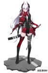  1girl absurdres bandaged_leg bandages bangs boots breasts cleavage cleavage_cutout clothing_cutout dog_tags full_body highres holding holding_sword holding_weapon long_hair looking_at_viewer lucia_(punishing:_gray_raven) mecha_musume one_eye_covered punishing:_gray_raven red_eyes red_scarf scarf simple_background small_breasts standing sword thigh_boots thighhighs weapon white_background white_hair wsfw 