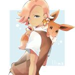  1boy blue_eyes brown_vest character_name closed_mouth commentary_request eevee ilima_(pokemon) looking_at_viewer male_focus misha_(ohds101) pink_hair pokemon pokemon_(creature) pokemon_(game) pokemon_sm shirt short_hair short_sleeves smile upper_body vest white_shirt 