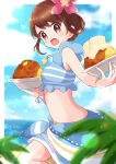  1girl bangs blue_sarong blue_shirt blurry blush bob_cut bowl breasts brown_eyes brown_hair cloud commentary_request curry day eyebrows_visible_through_hair eyelashes flower food from_side gloria_(pokemon) hair_flower hair_ornament haru_(haruxxe) highres holding holding_bowl jewelry leg_up looking_to_the_side necklace official_alternate_costume open_mouth outdoors pokemon pokemon_(game) pokemon_masters_ex sand sarong scrunchie shirt shore short_hair sky sleeveless sleeveless_shirt solo tongue water wrist_scrunchie 