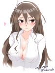  1girl absurdres ashigara_(kancolle) breasts brown_eyes brown_hair cleavage collarbone cropped_torso dated dress_shirt hairband highres kantai_collection large_breasts long_hair looking_at_viewer nitamago_(sakamalh) one-hour_drawing_challenge open_clothes open_shirt shirt solo twitter_username upper_body white_hairband 