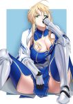  1girl absurdres artoria_pendragon_(all) artoria_pendragon_(lancer)_(fate) black_gloves blonde_hair blue_dress blue_legwear braid breasts capelet cleavage cleavage_cutout clothing_cutout dress elbow_gloves fate/grand_order fate_(series) french_braid gauntlets gloves greaves green_eyes hair_between_eyes highres knees_up large_breasts long_hair looking_at_viewer n.e_(sakura-233) pleated_skirt short_dress sidelocks sitting skirt thighhighs thighs white_capelet 