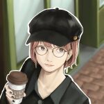  1girl black_clothes black_headwear black_nails black_shirt brown_eyes cabbie_hat cup disposable_cup earrings glasses hat highres jewelry lips makko_(user_kvud5535) nail_polish original pink_hair shirt short_hair solo upper_body 