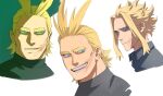  1boy all_might black_sweater blonde_hair blue_eyes blue_sclera blue_shirt boku_no_hero_academia collared_shirt colored_sclera english_commentary green_background highres male_focus parted_lips scar scar_on_face shirt smile sweater teeth trevo_(trevoshere) white_background yagi_toshinori 