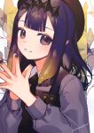  1girl absurdres artist_name bangs black_headwear blush commentary fingers_together hat highres hinasumire hololive long_hair long_sleeves looking_at_viewer ninomae_ina&#039;nis pointy_ears purple_eyes purple_hair purple_sweater sidelocks smile solo sweater tiara 