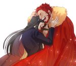  2boys beard cape cleavage_cutout clothing_cutout facial_hair fate/grand_order fate_(series) fur-trimmed_cape fur_trim halorane hand_on_another&#039;s_head happy_tears hug iskandar_(fate) long_hair lord_el-melloi_ii male_cleavage male_focus mature_male multiple_boys pectorals red_cape red_hair short_hair smile tears waver_velvet wind 