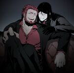  2boys alternate_costume black_pants black_suit couch fate/grand_order fate_(series) formal gloves highres iskandar_(fate) jacket large_pectorals lord_el-melloi_ii male_cleavage male_focus mature_male multiple_boys muscular muscular_male on_couch one_eye_closed open_clothes open_jacket pants partially_unbuttoned pectorals red_shirt shababuru shirt short_hair smile suit waver_velvet 