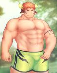  1boy abs animal_ears bara brown_eyes brown_hair bulge cow_boy cow_ears cow_horns dark-skinned_male dark_skin facial_hair feet_out_of_frame fiery_horns forked_eyebrows glowing_horns goatee green_shorts hand_on_hip highres horns large_pectorals male_focus mono_(3436234) muscular muscular_male navel nipples pectorals short_hair shorts solo spiked_hair stomach thick_eyebrows thick_thighs thighs tokyo_houkago_summoners wakan_tanka 