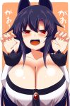 1girl :d animal_ears black_hair blush breasts claw_pose cleavage dress fangs hair_between_eyes highres huge_breasts imaizumi_kagerou long_hair open_mouth red_eyes smile solo touhou upper_body wolf_ears xialu_zajin 