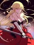  1girl bangs bare_shoulders blonde_hair breasts bridal_gauntlets cleavage collarbone dress eyebrows_visible_through_hair fur_trim gloves hair_between_eyes hair_ribbon highres holding holding_sword holding_weapon katana kiss-shot_acerola-orion_heart-under-blade kizumonogatari large_breasts long_hair looking_at_viewer monogatari_(series) nifffi pointy_ears red_dress ribbon solo sword upper_body weapon yellow_eyes 