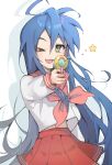  1girl ;3 ahoge bangs blue_hair blush clothes_lift eyebrows_visible_through_hair green_eyes hair_between_eyes highres holding holding_water_gun izumi_konata long_hair looking_at_viewer lucky_star milka_(milk4ppl) mole mole_under_eye one_eye_closed open_mouth pleated_skirt red_neckwear red_sailor_collar red_skirt ribbon ryouou_school_uniform sailor_collar school_uniform serafuku shadow shirt_lift silhouette simple_background skirt solo splashing star_(symbol) water water_gun white_background 