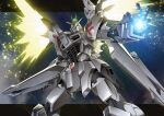  destiny_gundam energy_wings f91_gundam fusion gamiani_zero glowing glowing_eyes glowing_hand green_eyes gundam gundam_f91 gundam_seed gundam_seed_destiny highres impulse_gundam looking_up mecha mobile_suit no_humans open_hand science_fiction solo v-fin 