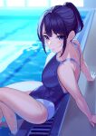  1girl absurdres bangs bare_shoulders blue_eyes blue_hair blue_swimsuit blush breasts highleg highleg_swimsuit highres kagematsuri large_breasts long_hair looking_at_viewer one-piece_swimsuit original ponytail poolside sitting soaking_feet solo swimsuit thighhighs thighs wet 
