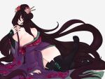  1girl bare_shoulders black_eyes black_hair blush breasts choker cleavage cross-laced_clothes cross-laced_legwear feet_up floral_print flower gyarusatan hair_flower hair_ornament hair_over_one_eye hairpin japanese_clothes kejourou_(monster_girl_encyclopedia) kimono large_breasts long_hair looking_at_viewer lying monster_girl_encyclopedia nail_polish off_shoulder on_side plantar_flexion red_eyes seductive_smile simple_background sleeves_past_wrists smile solo thighhighs very_long_hair 