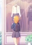  1girl backpack bag blazer blue_jacket deadnooodles facing_away feet_out_of_frame from_behind grey_skirt headphones highres jacket love_live! love_live!_superstar!! medium_hair orange_hair school_uniform shibuya_kanon shop skirt solo yuigaoka_school_uniform 