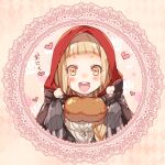  1girl :d bangs blonde_hair food heart holding holding_food jacket little_red_riding_hood_(sinoalice) long_hair long_sleeves looking_at_food looking_at_viewer meat open_mouth portrait red_jacket sinoalice smile solo teeth teroru yellow_eyes 