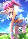  1girl all_fours blue_eyes blue_sky breasts cheerleader cleavage cloud cuffs eyebrows_visible_through_hair fisheye grass highres lips mix_(mixjjj) moe2021 one_eye_closed original parted_lips pink_hair sky stadium summer sun sunlight sweat twintails uniform v wet 
