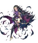  1girl bangs black_hair bodystocking book bracelet breasts cape clenched_teeth facial_mark fingernails fire_emblem fire_emblem_fates fire_emblem_heroes forehead_mark full_body high_heels highres holding holding_book jewelry kousei_horiguchi long_hair mouth_veil nail_polish nyx_(fire_emblem) official_art parted_lips red_eyes see-through shiny shiny_hair simple_background small_breasts solo teeth thighhighs tiara toeless_footwear toes torn_clothes transparent_background veil 