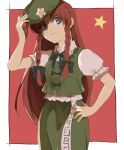  1girl bangs blue_eyes border bow braid breasts brown_hair chinese_clothes closed_mouth collar dress eyebrows_visible_through_hair green_bow green_dress green_headwear green_neckwear hair_bow hand_on_headwear hand_on_hip hand_up hat hong_meiling kerok_(joniko1110) long_hair looking_to_the_side medium_breasts puffy_short_sleeves puffy_sleeves red_background short_sleeves simple_background smile solo standing star_(symbol) touhou twin_braids white_border white_collar white_sleeves 