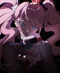  1girl alternate_costume bear_hair_ornament black_background blue_eyes colored_sclera commentary_request crown danganronpa:_trigger_happy_havoc danganronpa_(series) dress enoshima_junko eyebrows_visible_through_hair floating_hair grey_sclera hair_ornament half-closed_eyes hand_on_own_chin hand_up highres jewelry lips long_hair long_sleeves looking_at_viewer nail_polish necklace parted_lips pink_hair ribbon_trim shi_xu_jiu_zhou solo sparkle teeth twintails upper_teeth very_long_hair 