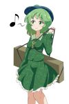  1girl :d bangs blue_headwear box breasts camouflage camouflage_headwear camouflage_jacket camouflage_skirt cato_(monocatienus) cowboy_shot eighth_note flat_cap green_eyes green_hair green_jacket green_skirt hat highres jacket key long_sleeves medium_breasts medium_hair musical_note open_mouth shirt short_hair simple_background skirt smile solo spoken_musical_note standing touhou white_background yamashiro_takane 