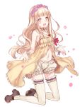  1girl :d bangs blonde_hair brown_footwear dress flower full_body hair_between_eyes hair_flower hair_ornament kneeling little_red_riding_hood_(sinoalice) long_hair looking_at_viewer navel nightgown open_clothes open_mouth petals pink_flower shoes simple_background sinoalice smile solo teeth teroru thighhighs underwear wavy_hair white_background yellow_dress yellow_eyes yellow_legwear 